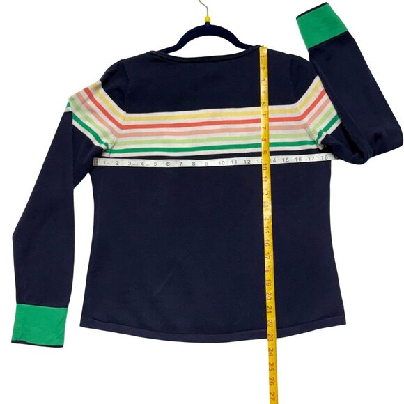 Talbots Petite Navy Sweater With Rainbow Stripes & Green Cuffs MP - Picture 3 of 6